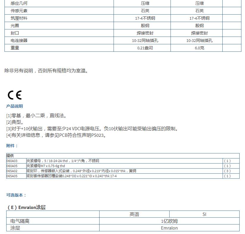美***PCB 高频ICP?压力传感器113B22技术参数