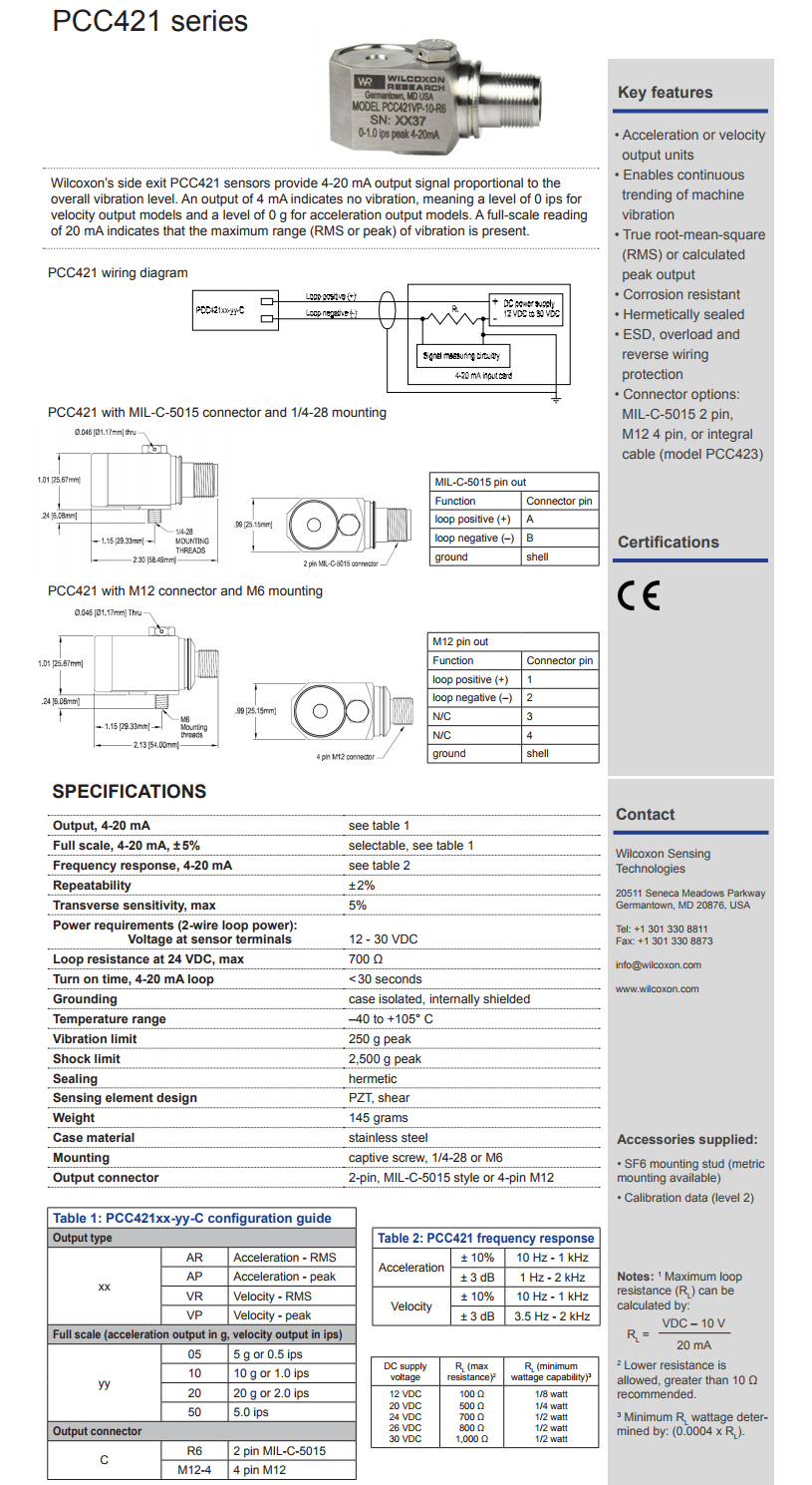 威尔康森4-20mA回路供电振动传感器PCC421VP-10-R6型技术参数