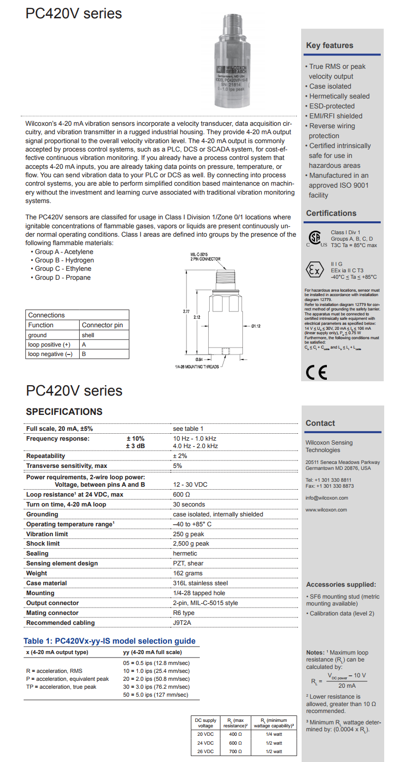 威尔康森回路供电振动传感器PC420VR-50-IS型技术参数