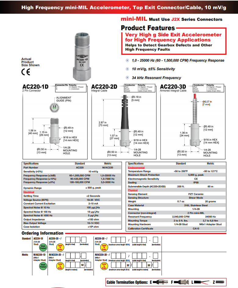 CTC高频mini-MIL加速度振动计AC220技术参数