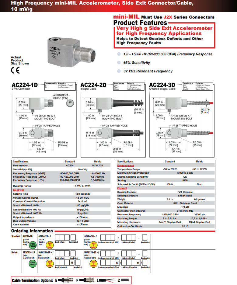 CTC 高频mini-MIL加速度振动计AC224技术参数